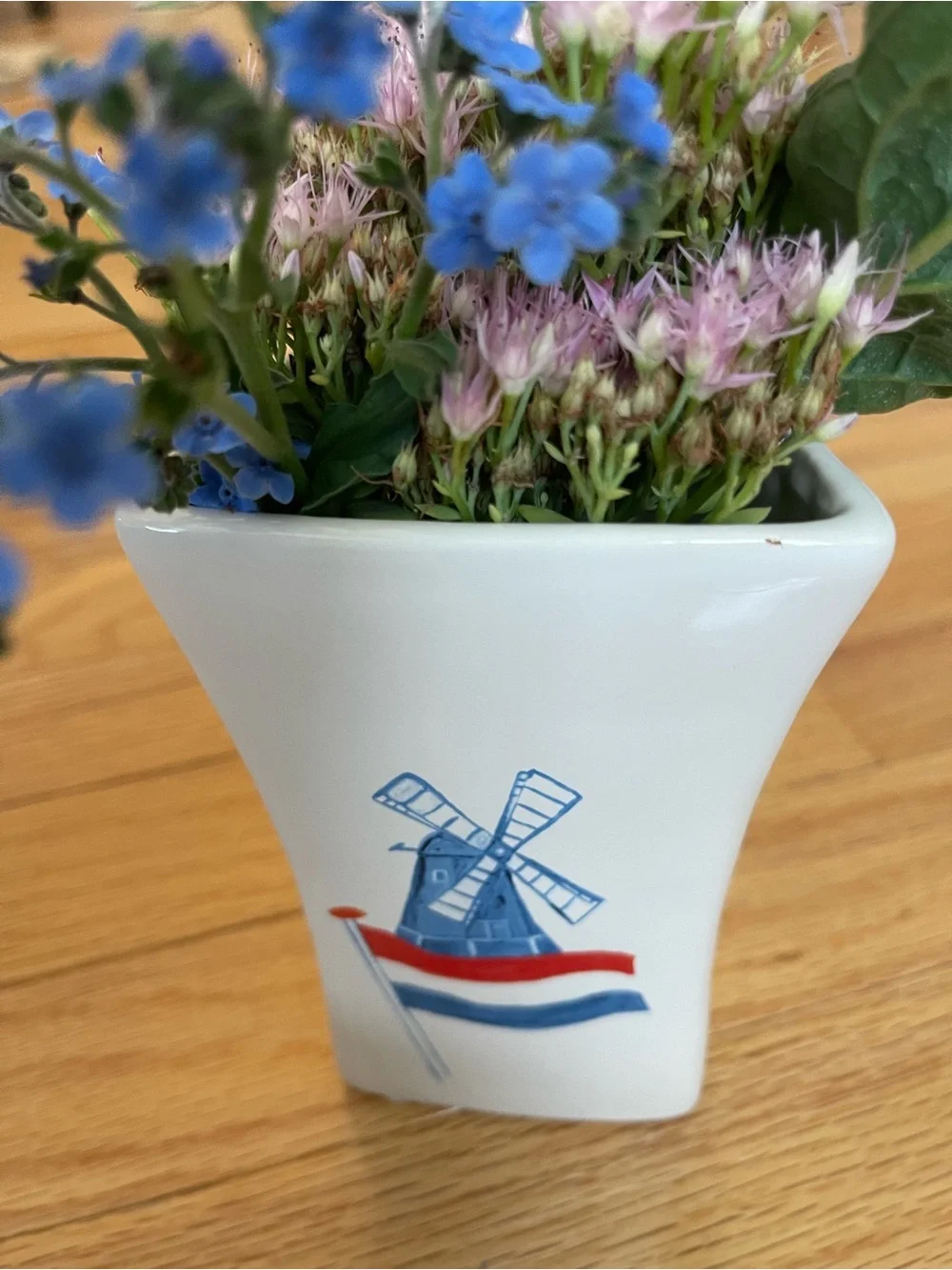 Dutch Holland America Ceramic Vase with Blue/Red Clog Dancers 5 1/2” x 4 1/2”